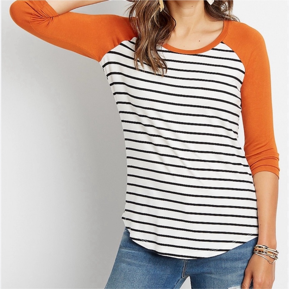 24/7 Maurice’s Stripe Raglan Sleeve Burnt Orange Baseball Tee Women Size Medium
